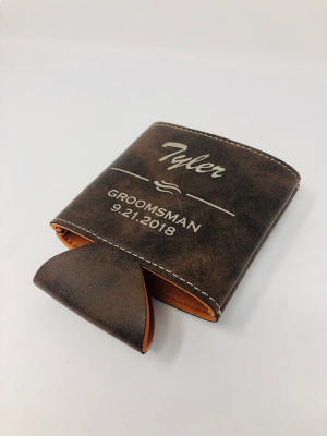 Personalized Groomsman Brown Leather Can Holder
