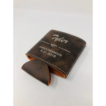Personalized Groomsman Brown Leather Can Holder